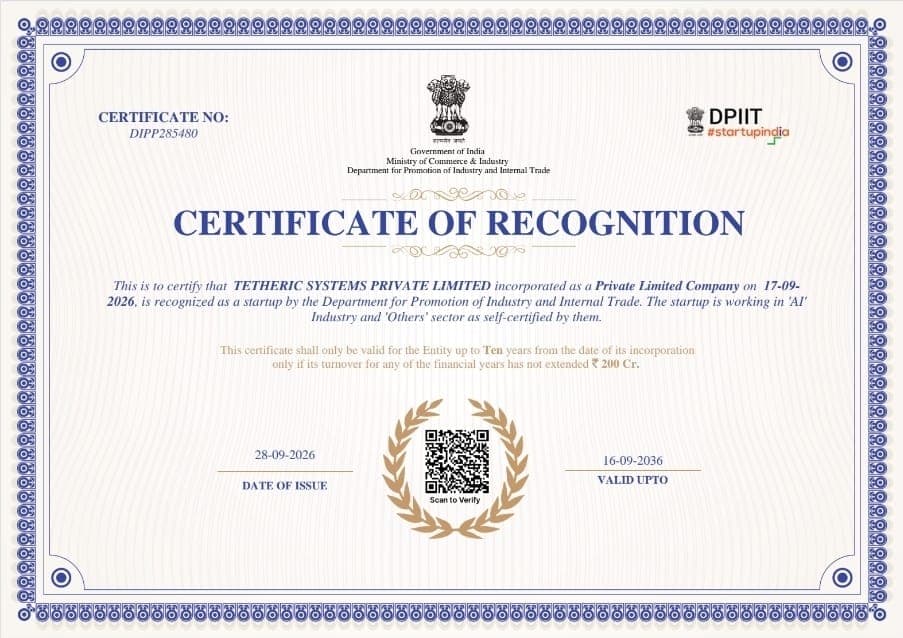 DPIIT Certificate of Recognition DIPP285480 for Tetheric Systems Private Limited, issued 28 September 2026.